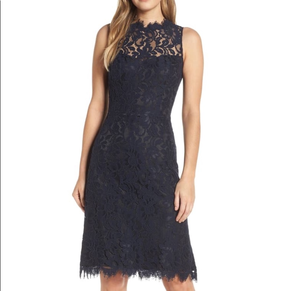 NWT Eliza J Navy Blue High Neck Lace Sheath Dress